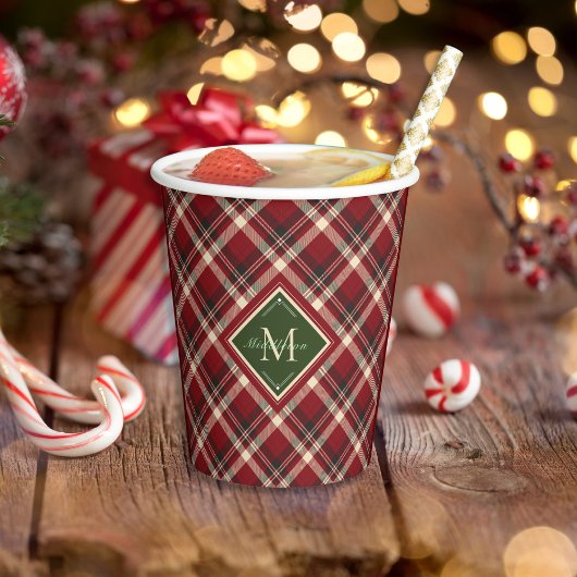 Rustikales Weihnachtsgrün Kariert Simple Monogram Pappbecher