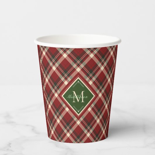 Rustikales Weihnachtsgrün Kariert Simple Monogram Pappbecher (Rückseite)