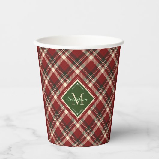 Rustikales Weihnachtsgrün Kariert Simple Monogram Pappbecher (Vorderseite)