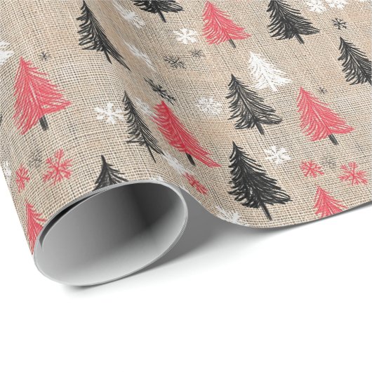 Rustikales Weihnachtsklima mit Bäumen und Schneefl Geschenkpapier (Rolleneckpunkt)