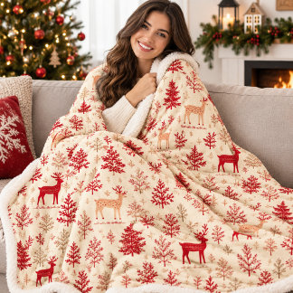 Rustikales Weihnachtsmuster Hirsch & Tannenbaum Ku Sherpadecke