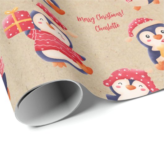 Rustikales Weihnachtspenguin Wrapping Paper Geschenkpapier (Rolleneckpunkt)