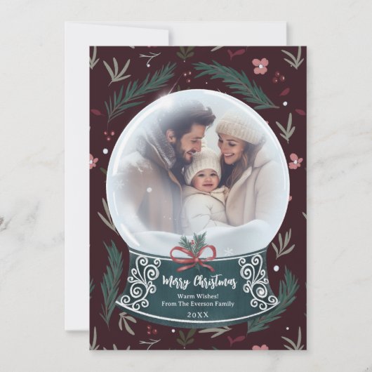 Rustikales Weihnachtsschneekugel Blumenfamiliengeb Feiertagskarte (Vorderseite)