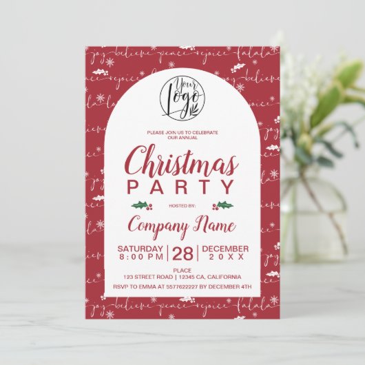 Rustikales Weihnachtsskript Corporate Party rot Einladung (Stehend Vorderseite)