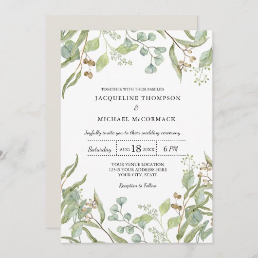 Rustikales Weingut Boho Eukalyptus Grüne Hochzeit Einladung (Vorne/Hinten)