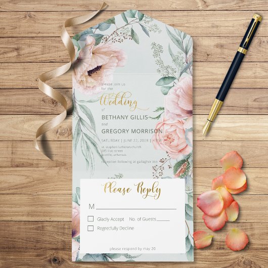 Rustikales Weiß & Blush Peonings feiern Grünes Nes All In One Einladung