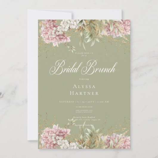 Rustikales Weiß & Pink Hydrangea Grüner Brunch Einladung (Vorderseite)