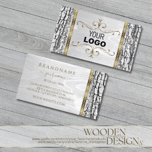 Rustikales Weißbaum Bark Holz Grain Gold Border L Visitenkarte