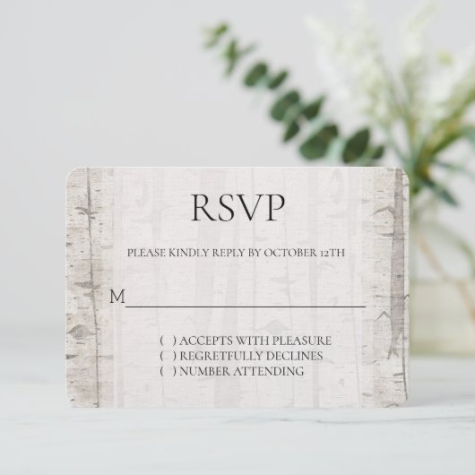 Rustikales Weißcreme-Birkenbäume Hochzeit RSVP Karte (Stehend Vorderseite)