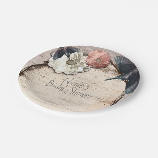 Rustikales Weiße Birke Floral & Hummingbird Elegan Pappteller (Schrägansicht)