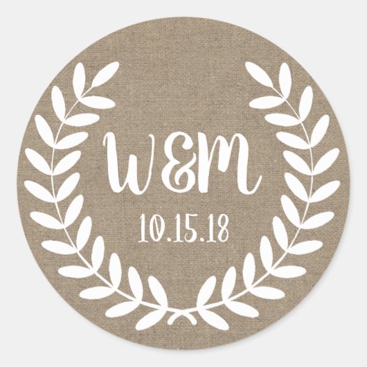 Rustikales weißes Bauernhaus Laurels Burlap Runder Aufkleber (Vorderseite)
