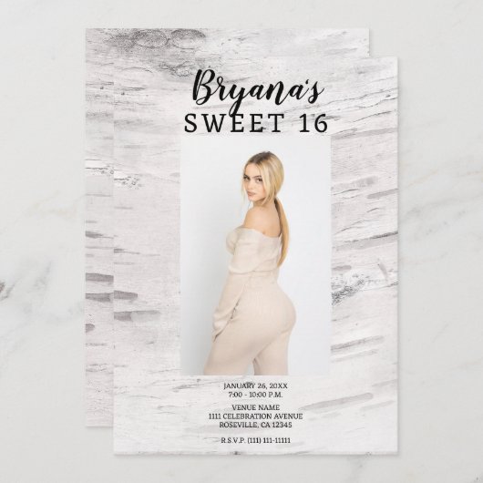 Rustikales Weißes Foto Trendy Modern Sweet 16 Einladung (Vorne/Hinten)