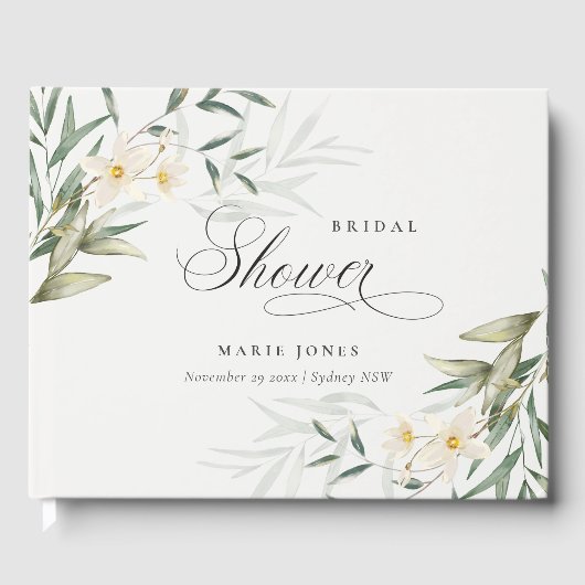 Rustikales Weißes Grün Blumenbunch Brautparty Gästebuch (Vorderseite)