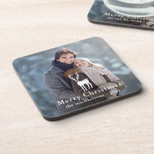 Rustikales Weißes Hirsch Weihnachtsfest Foto Getränkeuntersetzer (Linke Seite)