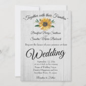 Rustikales weißes Holz, goldene Sonnenblumen-Hochz Einladung (Vorderseite)