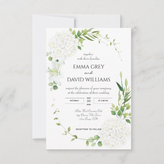 Rustikales weißes Hydrangea Hochzeit Einladung (Vorderseite)