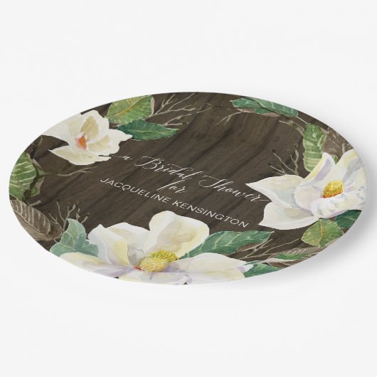 Rustikales weißes Magnolium Wasserfarbe Blumenblät Pappteller (Schrägansicht)