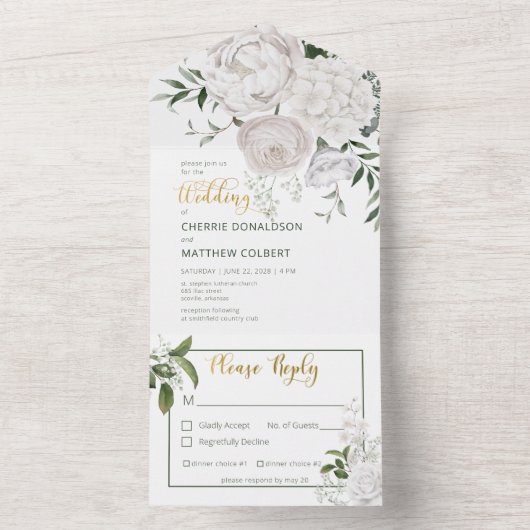 Rustikales weißes Peones, florales Abendessen All In One Einladung (Innen Boden)