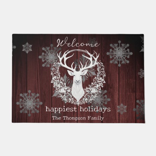 Rustikales Weißes Rentier Personalisiert Red Fußmatte (Vorderseite)