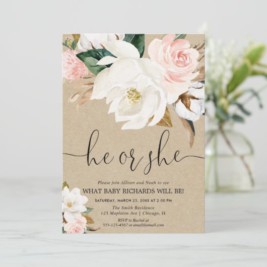 Rustikales, weißes, rosa und blumenfarbenes Geschl Einladung (Stehend Vorderseite)