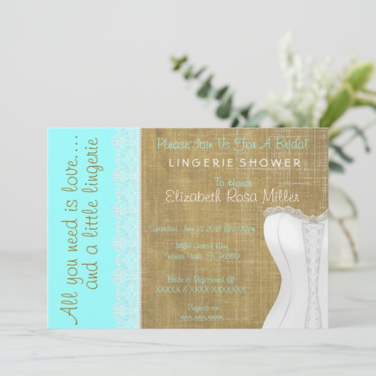 Rustikales weißes Spitze-Korsett-Wäsche-Brautparty Einladung (Stehend Vorderseite)