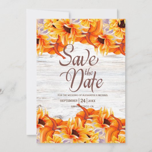 Rustikales Weißes Wasserfarbenkürbis Sonnenblume Save The Date (Vorderseite)