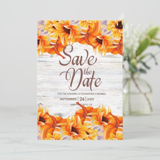 Rustikales Weißes Wasserfarbenkürbis Sonnenblume Save The Date (Stehend Vorderseite)