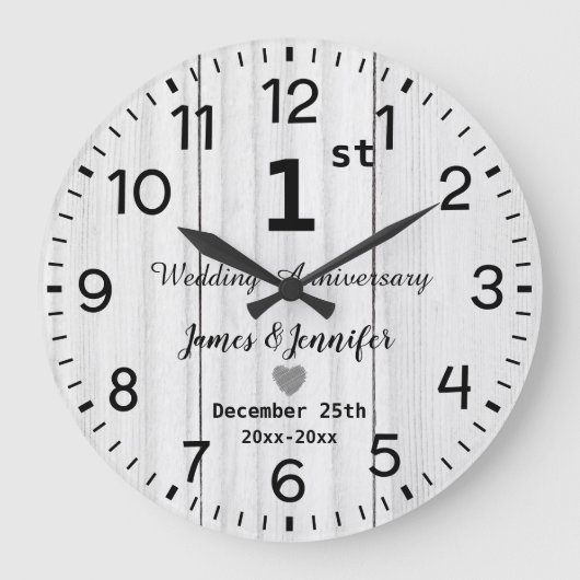 Rustikales Weißholz 1. Hochzeitstag Maßgeschneider Große Wanduhr (Vorderseite)