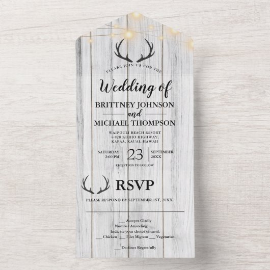 Rustikales Weißholz-Antler-Lichter Hochzeit All In One Einladung (Innen Boden)
