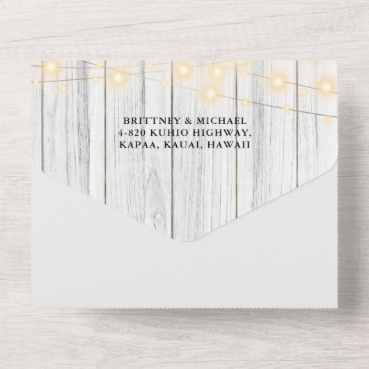 Rustikales Weißholz-Antler-Lichter Hochzeit All In One Einladung (Rückseite)