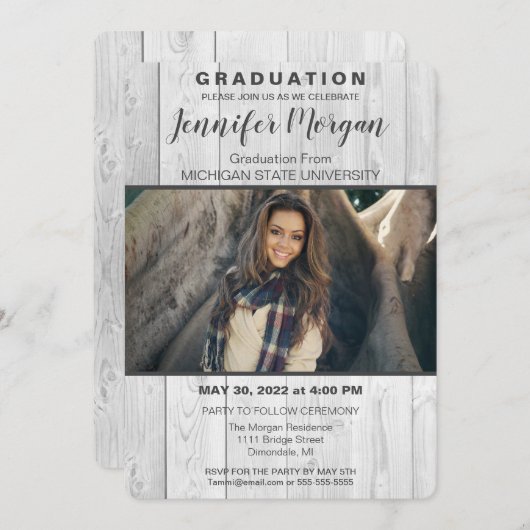 Rustikales Weißholz Foto Abschluss Einladung (Vorne/Hinten)