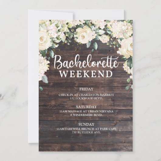 Rustikales Weißholz Hydrangea Rose Bachelorette Einladung (Rückseite)