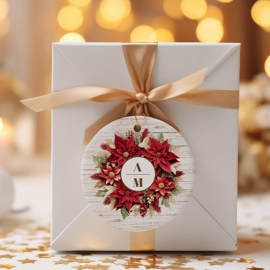 Rustikales Weißholz-Poinsettia-Hochzeit Runder Aufkleber