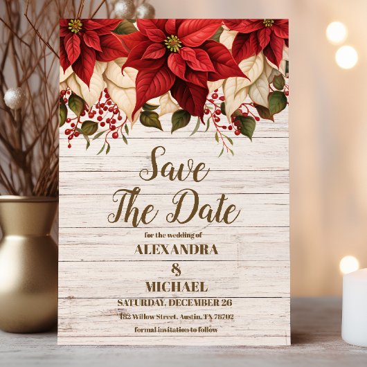 Rustikales Weißholz-Poinsettia-Hochzeit Save The Date