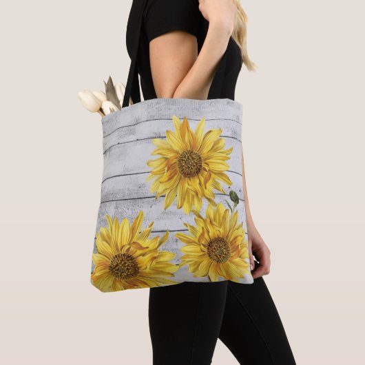 Rustikales Weißholz Sonnenblumen Tote Tasche (Von Nahem)