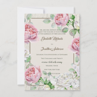 Rustikales Weißholz und Vintage Rosenhochzeit Einladung
