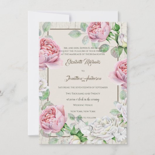 Rustikales Weißholz und Vintage Rosenhochzeit Einladung (Vorderseite)