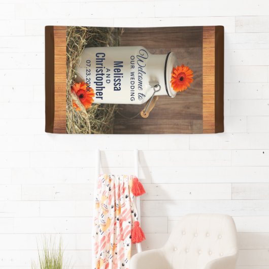 Rustikales Weißmilch Jug mit Blume Hochzeitsempfan Banner (Insitu)