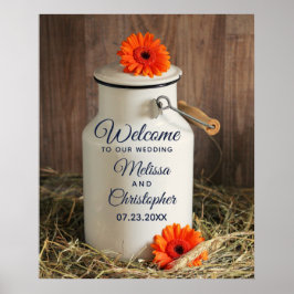Rustikales Weißmilch Jug mit Blume Hochzeitsempfan Poster