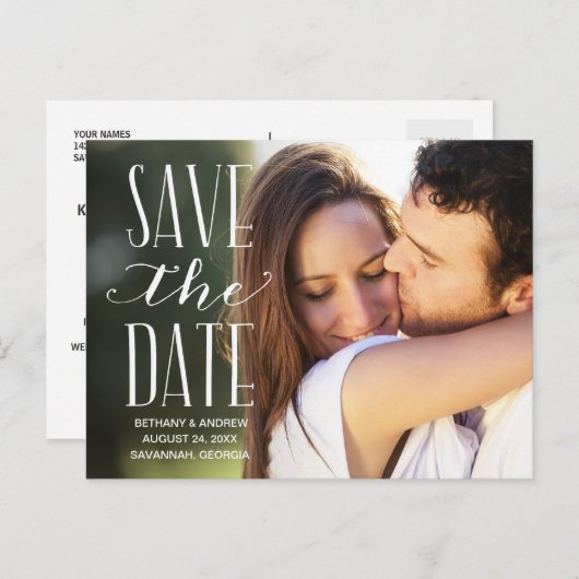 Rustikales Weißschreiben Save the Date überlagern Ankündigungspostkarte (Vorne/Hinten)