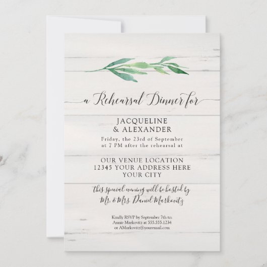 Rustikales Weißwaldblättergrün Wasserfarbe Einladung (Vorderseite)