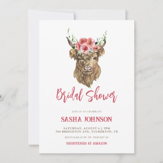 Rustikales Western-Brautparty für Blumen und Kuh Einladung (Vorderseite)