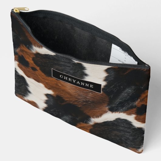 Rustikales Western Cowhide-Muster mit Ihrem Namen Zubehörtasche (Offen)