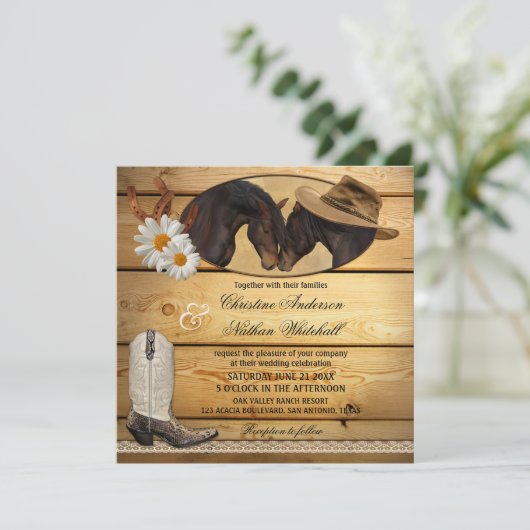 Rustikales Western Pferde Hochzeit Einladung (Stehend Vorderseite)