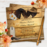 Rustikales Western Pferde Hochzeit Einladung<br><div class="desc">Hochzeitseinladung mit zwei romantischen Pferden,  Cowboystiefel,  Pferdeschuhen,  göttlichen Blume und einem Hut. Der Hintergrund ist ein rustikales Holzpaneel mit Spitzen. Wunderschön für ein Country-Fest und Pferdefreunde. Diese Einladung enthält eine passende RSVP-Karte.</div>