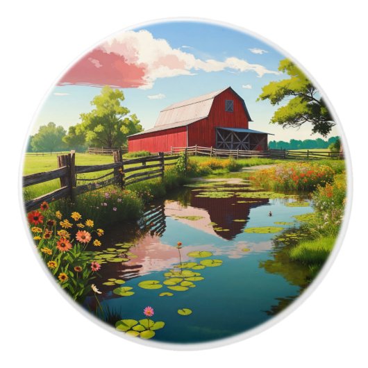 Rustikales Wetter Roter Stall und Lilly Pond Keramikknauf (Vorderseite)