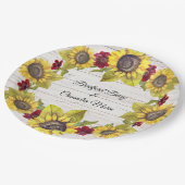 Rustikales Wetter Weißholzbräune Groom Sonnenblume Pappteller (Schrägansicht)