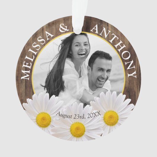 Rustikales White Daisy Foto Hochzeit Speichern Sie Ornament (Vorderseite)