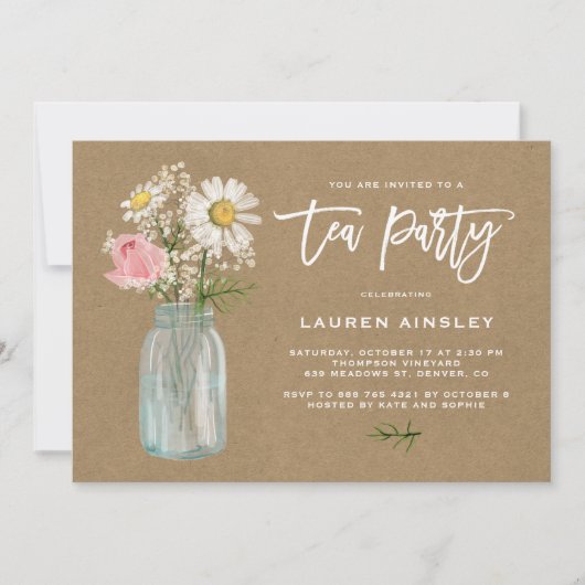 Rustikales White Daisy in Mason Jar Kraft Tee Part Einladung (Vorderseite)