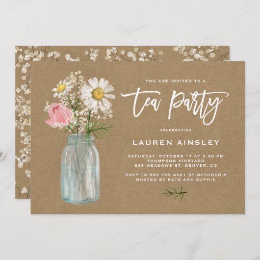 Rustikales White Daisy in Mason Jar Kraft Tee Part Einladung (Vorne/Hinten)